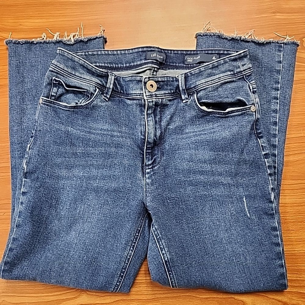 j jill Denim Kick Flare Jeans Womens Size 4 Blue Solid Ankle Raw Hem Stretch